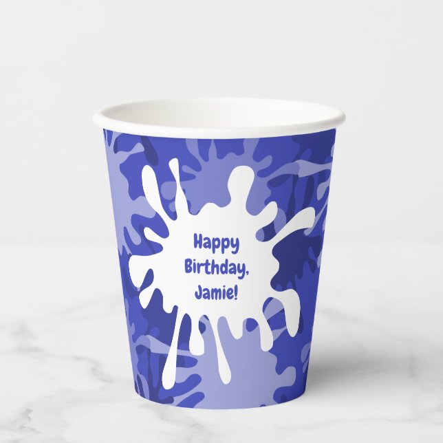 Abstract Blue Splatter Painting Birthday Party Paper Cups (Front)