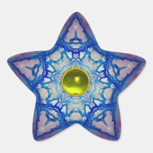 ABSTRACT BLUE STAR WITH YELLOW TOPAZ GEM STONE STAR STICKER