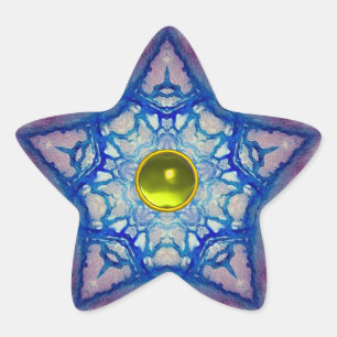 ABSTRACT BLUE STAR WITH YELLOW TOPAZ GEM STONE STICKER