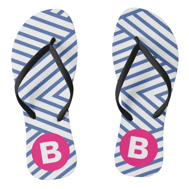 Abstract Blue Stripey Pattern Pink Monogram Flip Flops (Footbed)