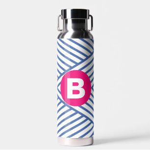Abstract Blue Stripey Pattern Pink Monogram Water Bottle