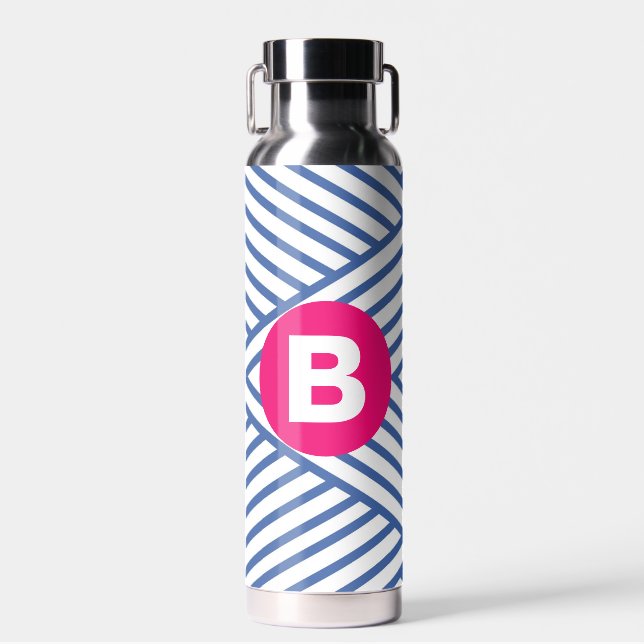 Abstract Blue Stripey Pattern Pink Monogram Water Bottle (Front)