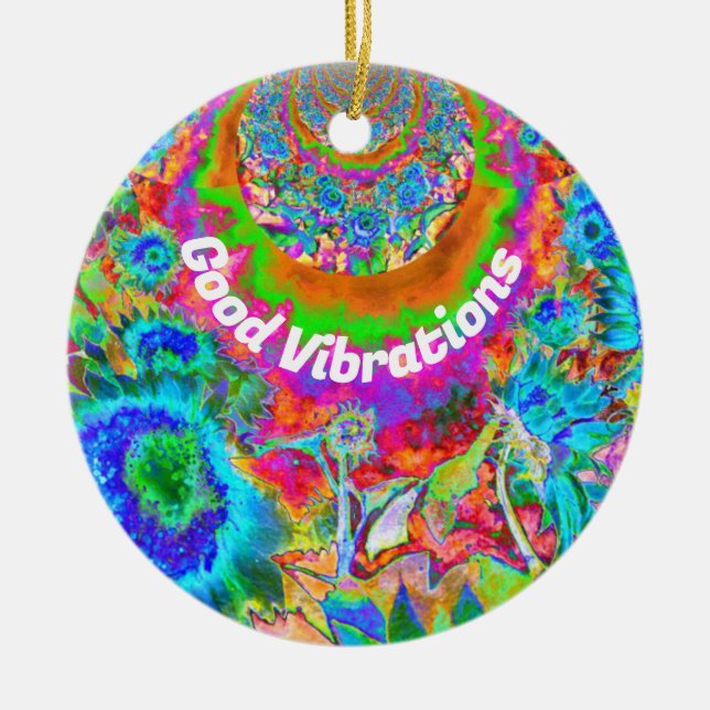 Abstract blue sunflower field | retro flowers  ceramic ornament (Front)