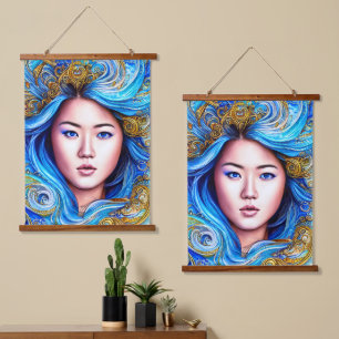 Abstract Blue Surrealism Fantasy Woman Portrait  Hanging Tapestry