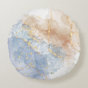 Abstract Blue, Taupe and Gold Round Pillow