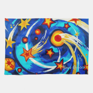 Abstract Blue Teal Galaxy Painting Whimsical Space Kitchen Towel