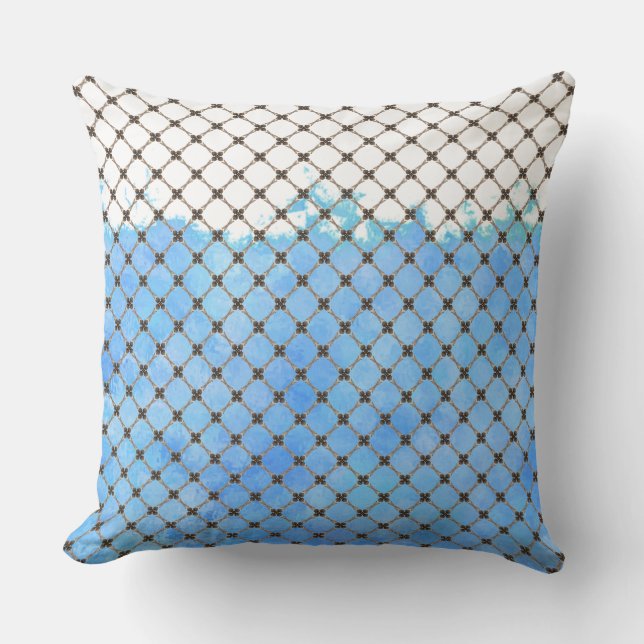 Abstract Blue, Teal, White, Bronze Pattern Outdoor Pillow (Front)
