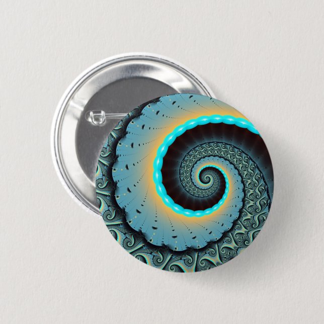 Abstract Blue Turquoise Orange Fractal Art Spiral 2 Inch Round Button (Front & Back)