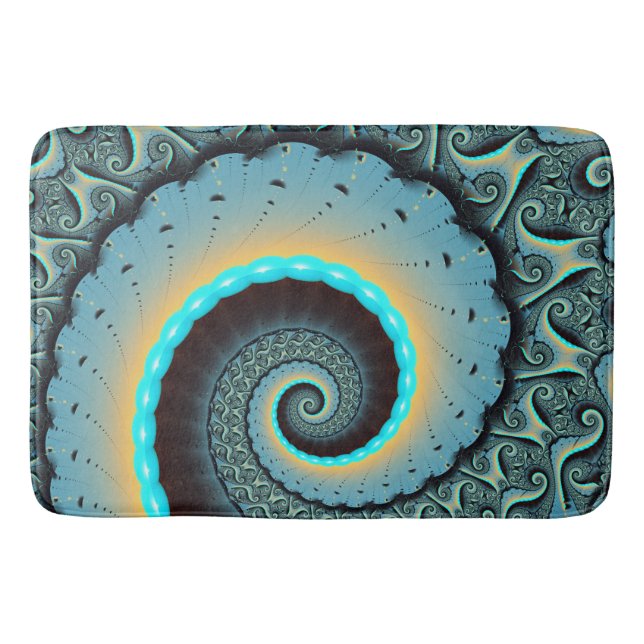 Abstract Blue Turquoise Orange Fractal Art Spiral Bath Mat (Front)