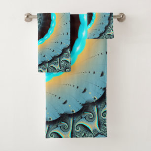 Abstract Blue Turquoise Orange Fractal Art Spiral Bath Towel Set