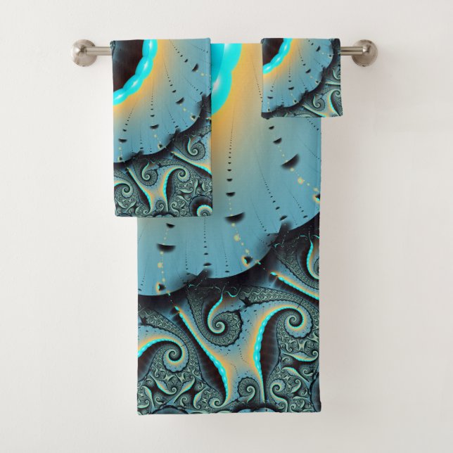 Abstract Blue Turquoise Orange Fractal Art Spiral Bath Towel Set (Insitu)