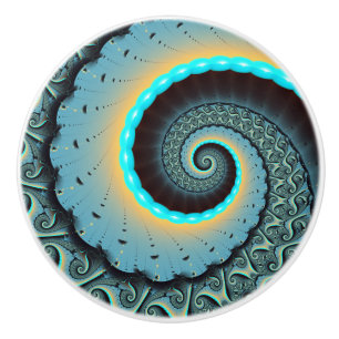 Abstract Blue Turquoise Orange Fractal Art Spiral Ceramic Knob