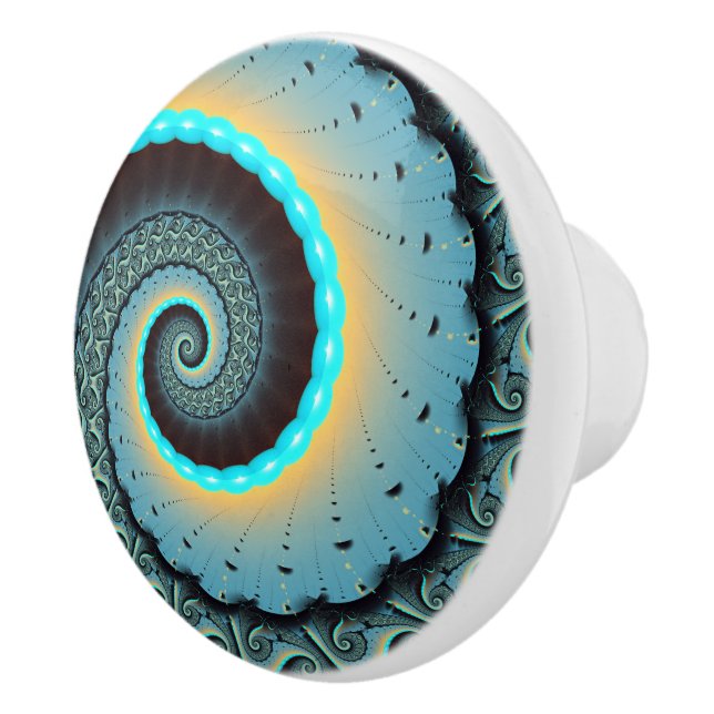 Abstract Blue Turquoise Orange Fractal Art Spiral Ceramic Knob (Right)