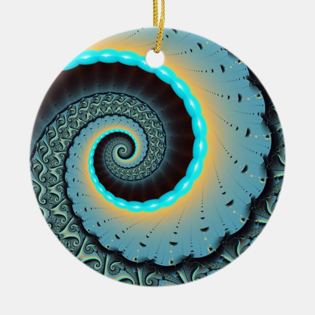 Abstract Blue Turquoise Orange Fractal Art Spiral Ceramic Ornament (Front)
