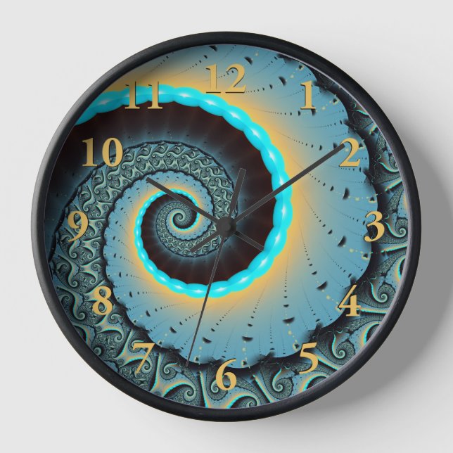 Abstract Blue Turquoise Orange Fractal Art Spiral Clock (Front)