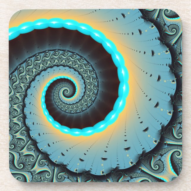 Abstract Blue Turquoise Orange Fractal Art Spiral Coaster (Front)
