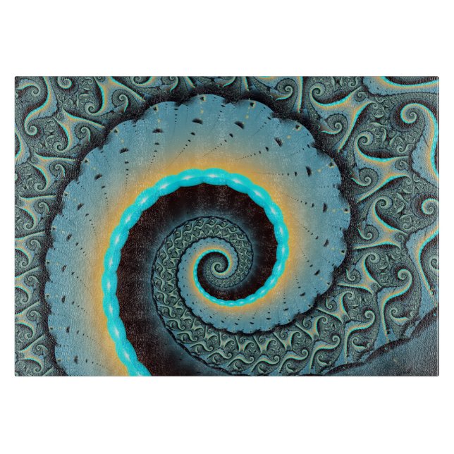 Abstract Blue Turquoise Orange Fractal Art Spiral Cutting Board (Front)