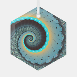 Abstract Blue Turquoise Orange Fractal Art Spiral Glass Ornament