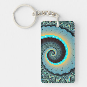 Abstract Blue Turquoise Orange Fractal Art Spiral Keychain
