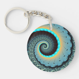 Abstract Blue Turquoise Orange Fractal Art Spiral Keychain