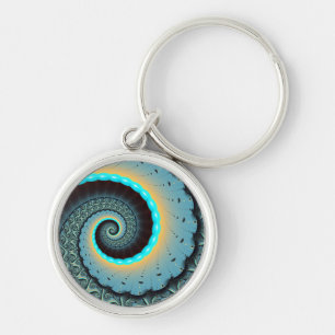 Abstract Blue Turquoise Orange Fractal Art Spiral Keychain