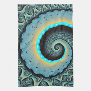 Abstract Blue Turquoise Orange Fractal Art Spiral Kitchen Towel