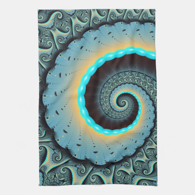 Abstract Blue Turquoise Orange Fractal Art Spiral Kitchen Towel (Vertical)