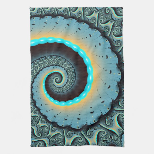 Abstract Blue Turquoise Orange Fractal Art Spiral Kitchen Towel (Vertical)