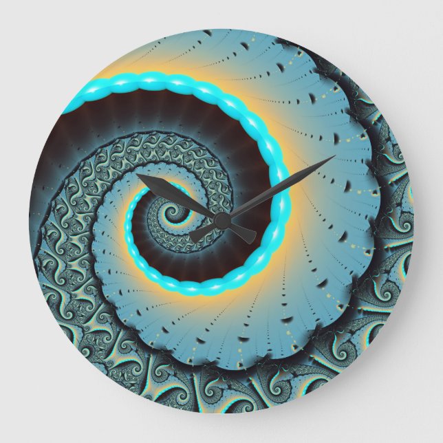 Abstract Blue Turquoise Orange Fractal Art Spiral Large Clock (Front)