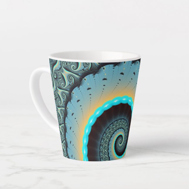 Abstract Blue Turquoise Orange Fractal Art Spiral Latte Mug (Left Angle)