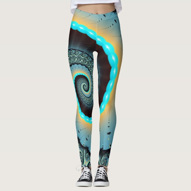 Abstract Blue Turquoise Orange Fractal Art Spiral Leggings (Front)