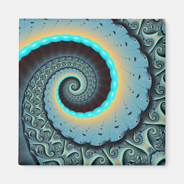 Abstract Blue Turquoise Orange Fractal Art Spiral Magnet (Front)