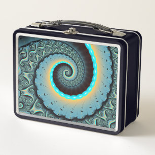 Abstract Blue Turquoise Orange Fractal Art Spiral Metal Lunch Box