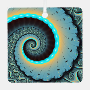 Abstract Blue Turquoise Orange Fractal Art Spiral Metal Ornament