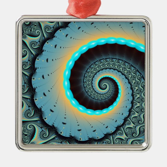 Abstract Blue Turquoise Orange Fractal Art Spiral Metal Ornament (Front)
