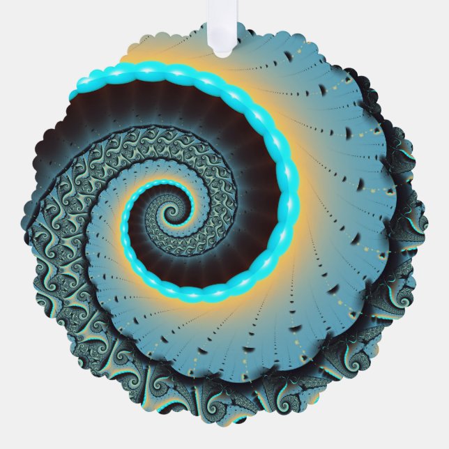 Abstract Blue Turquoise Orange Fractal Art Spiral Ornament Card (Front)
