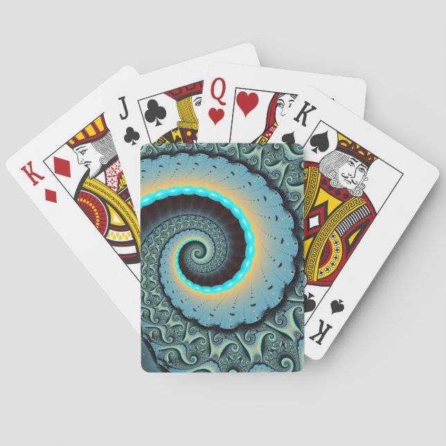 Abstract Blue Turquoise Orange Fractal Art Spiral Playing Cards (Back)
