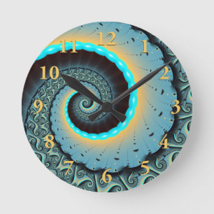 Abstract Blue Turquoise Orange Fractal Art Spiral Round Clock