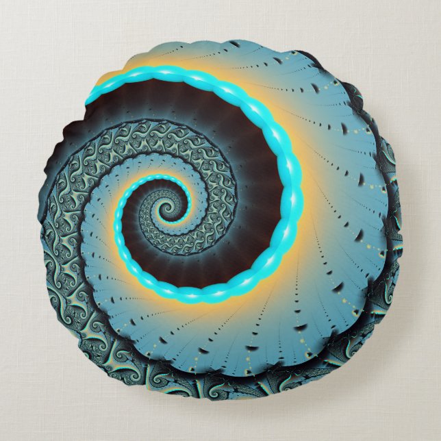 Abstract Blue Turquoise Orange Fractal Art Spiral Round Pillow (Front)