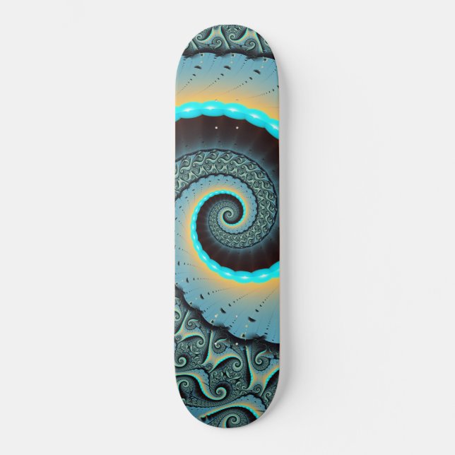 Abstract Blue Turquoise Orange Fractal Art Spiral Skateboard (Front)