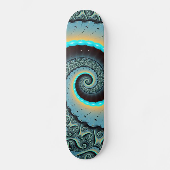 Abstract Blue Turquoise Orange Fractal Art Spiral Skateboard (Front)