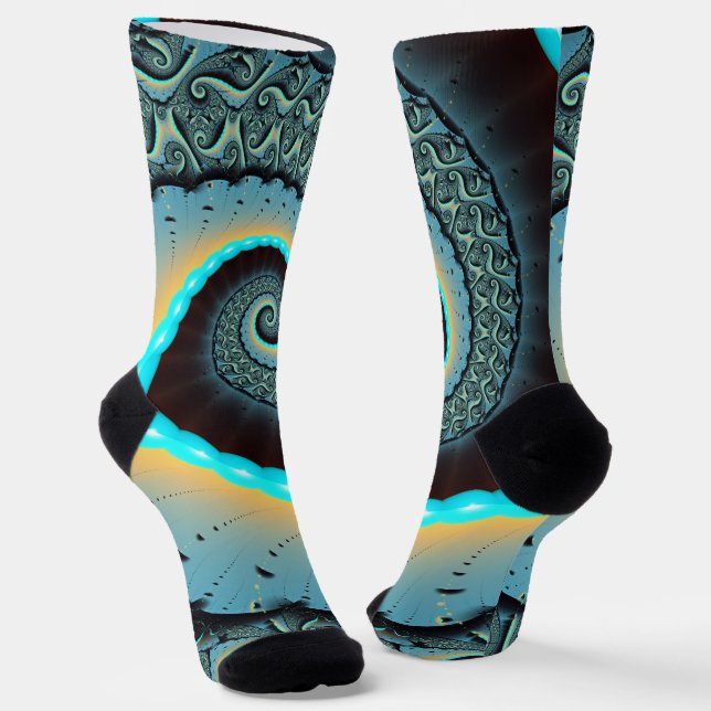 Abstract Blue Turquoise Orange Fractal Art Spiral Socks (Angled)