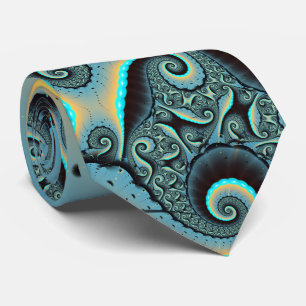 Abstract Blue Turquoise Orange Fractal Art Spiral Tie