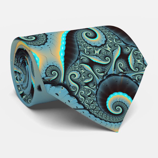 Abstract Blue Turquoise Orange Fractal Art Spiral Tie (Rolled)