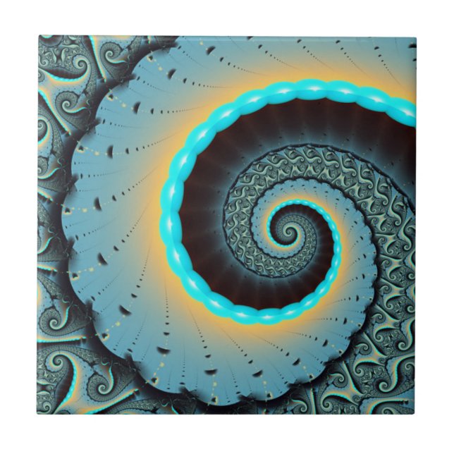 Abstract Blue Turquoise Orange Fractal Art Spiral Tile (Front)