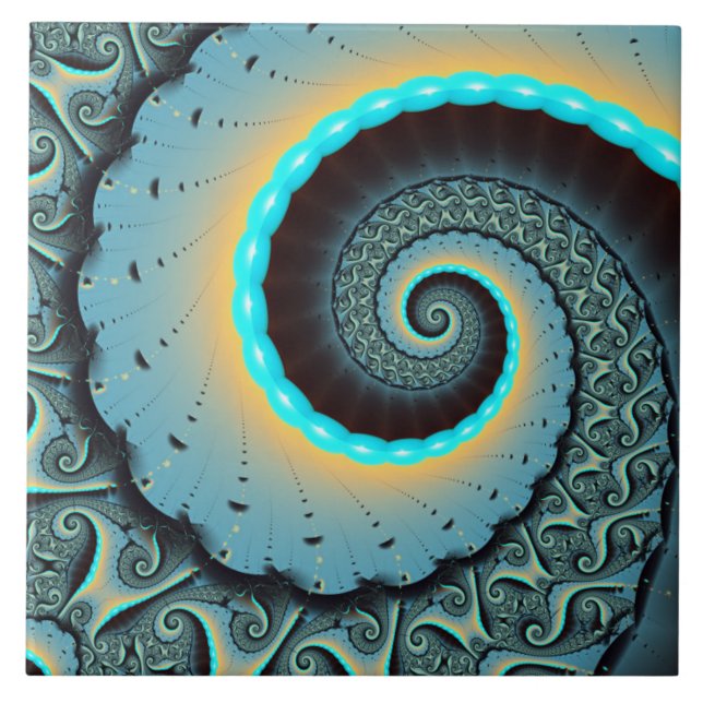Abstract Blue Turquoise Orange Fractal Art Spiral Tile (Front)