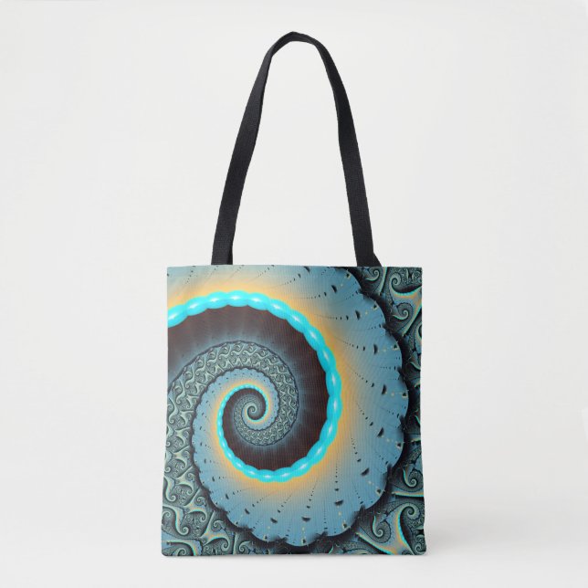 Abstract Blue Turquoise Orange Fractal Art Spiral Tote Bag (Front)