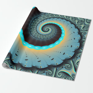 Abstract Blue Turquoise Orange Fractal Art Spiral Wrapping Paper