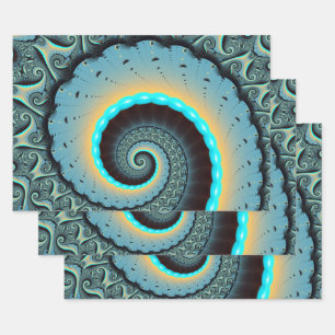 Abstract Blue Turquoise Orange Fractal Art Spiral Wrapping Paper Sheet