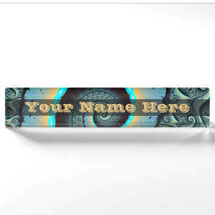 Abstract Blue Turquoise Orange Fractal Spiral Text Nameplate